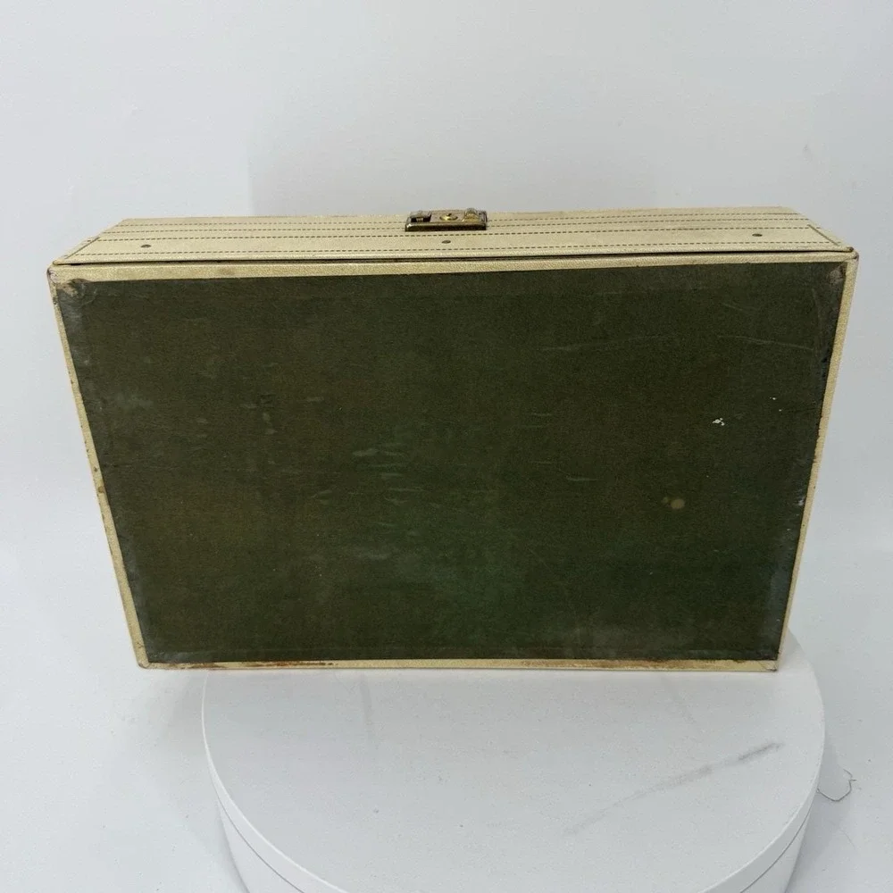 Vintage Mele Jewelry Box 1 Drawer Red Velvet and satin-Faux cream leather w/gold